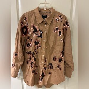 Mauve Tan Shirt with Gold and Black Sequin Floral Accents